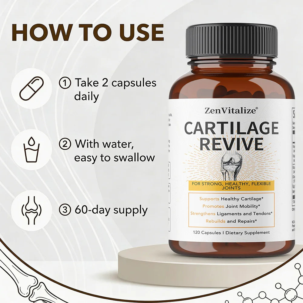 Cápsulas de Suplemento Cartilage Revive con Glucosamina, MSM, Vitamina D3, C - Apoyo para las Articulaciones, Antioxidante, Mejora la Flexibilidad