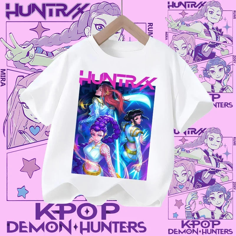 Children's KPOP Demon Hunters movie crewneck cartoon girls' and boys' T-shirt, casual print baby fashion clothing for summer