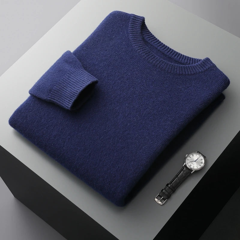 Suéter de lana para hombre Otoño e Invierno nuevo cuello redondo suelto Color sólido invierno engrosamiento camisa de fondo