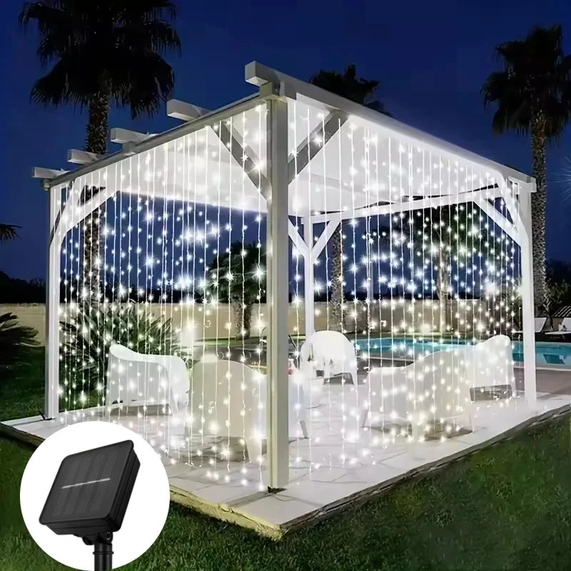 Cortina de luz Solar para exteriores, 3x3M, 300Leds, guirnalda de decoraciones navideñas, 8 modos, decoración para fiesta de Navidad y Halloween, cadena de luces
