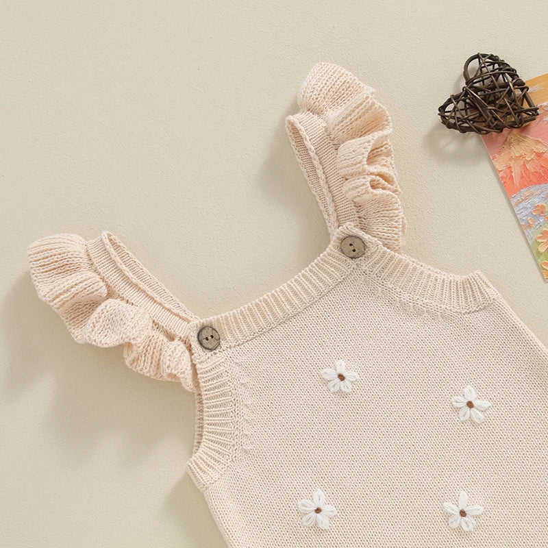 Baby Girl Floral-Embroidered Sleeveless Ruffle Romper