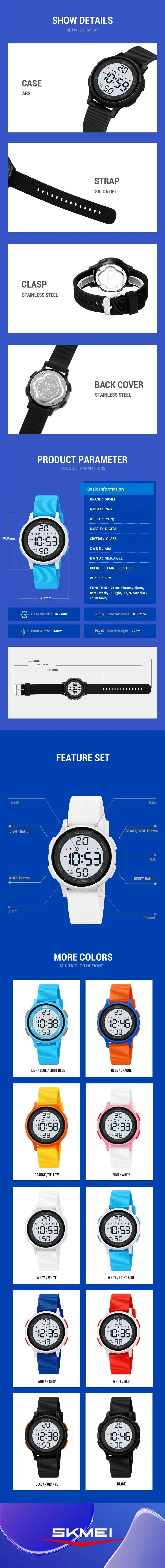SKMEI 2427 relojes de pulsera digitales coloridos para niños, reloj electrónico deportivo resistente al agua para niños y niñas, reloj infantil a prueba de golpes