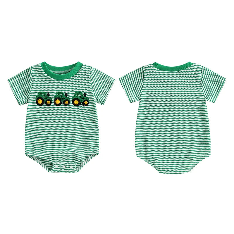 Baby Truck Embroidered Striped Short-Sleeve Romper
