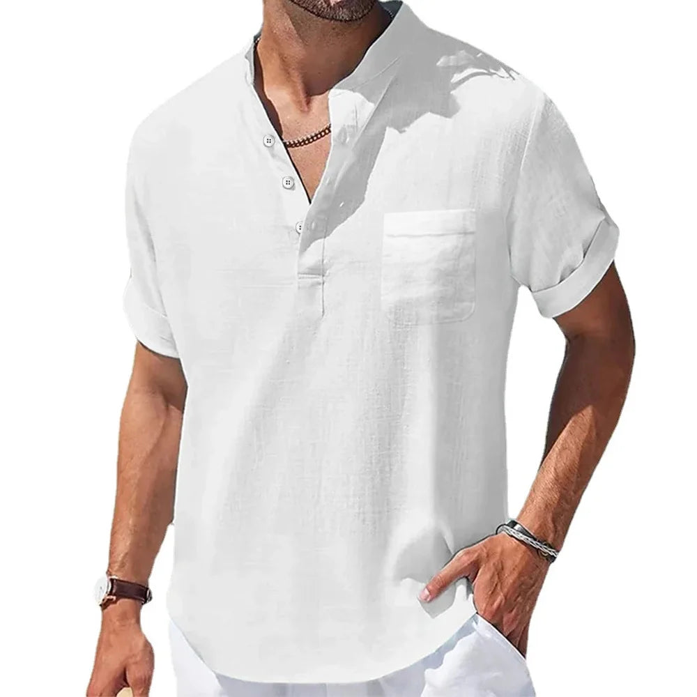 Novedad de verano, camisas de algodón y lino para hombre, camiseta de manga corta con cuello Henry, camisetas informales para hombre, camisa, ropa para hombre