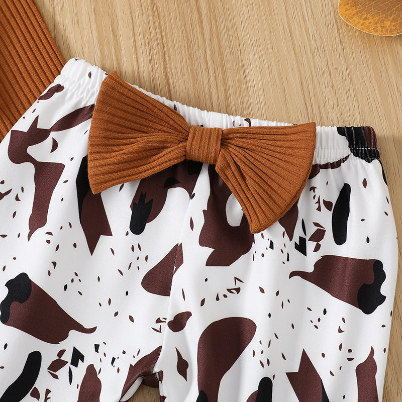 Baby Girl Ribbed Romper & Animal-Print Flare Pants Set