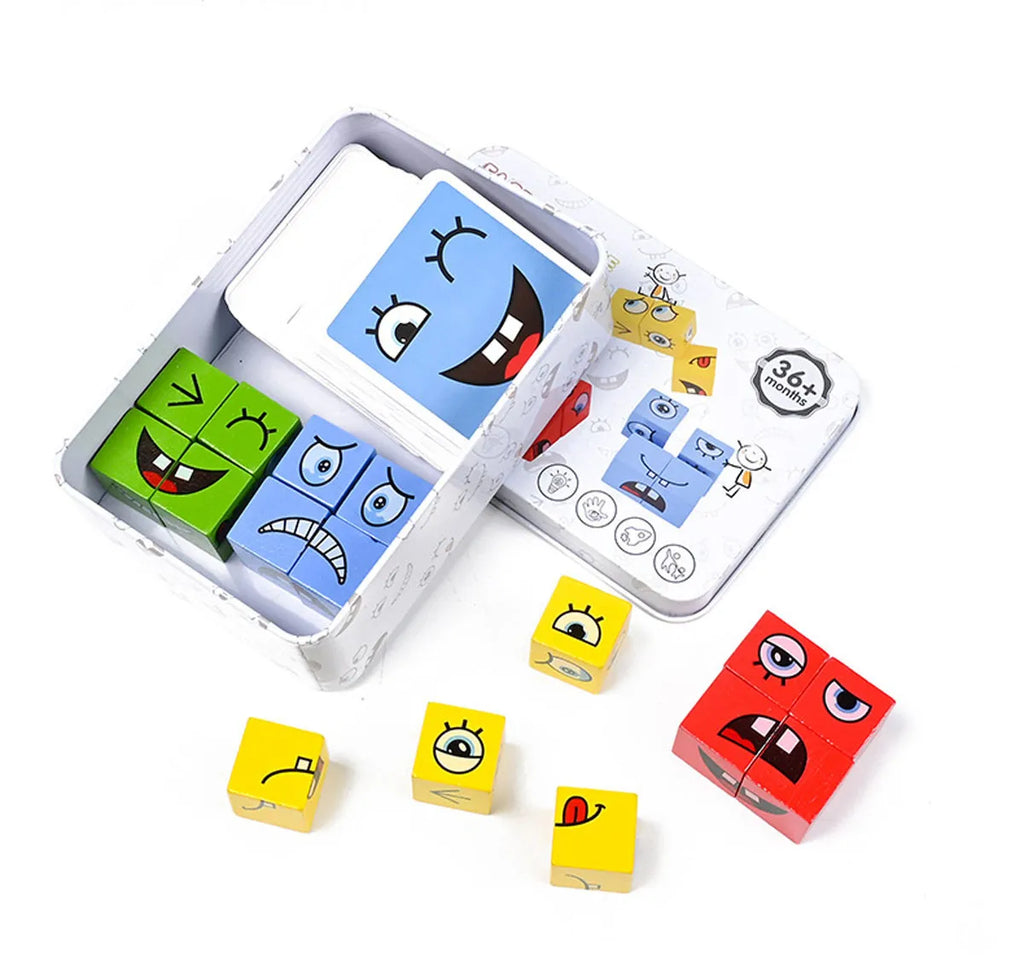 Cube Face Change Building Blocks Board Game Wood Puzzle Expression Wooden Blocks Toys for Gift
