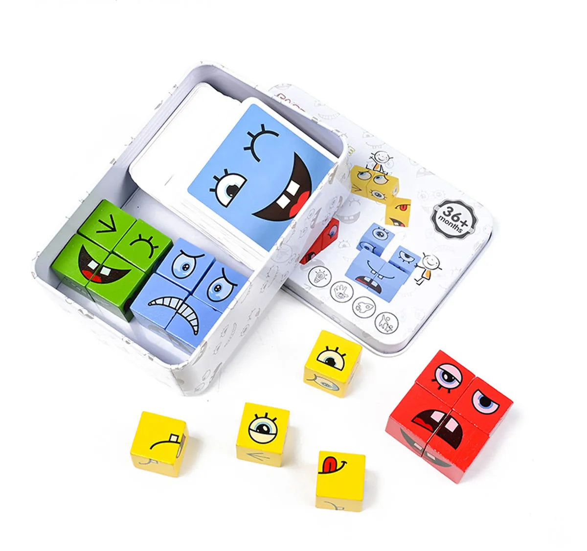 Cube Face Change Building Blocks Board Game Wood Puzzle Expression Wooden Blocks Toys for Gift