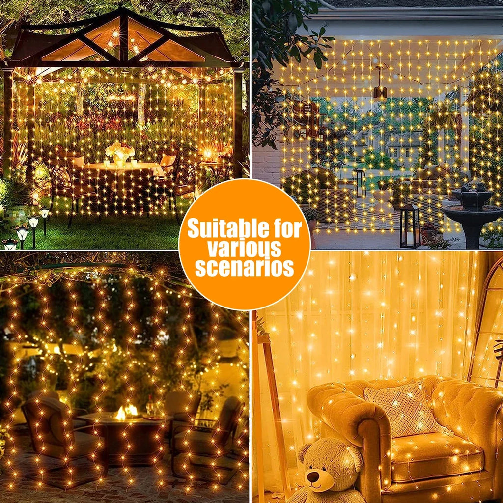 Cortina de luz Solar para exteriores, 3x3M, 300Leds, guirnalda de decoraciones navideñas, 8 modos, decoración para fiesta de Navidad y Halloween, cadena de luces