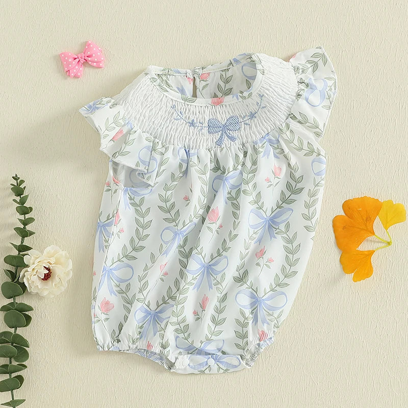 Baby Girl Floral Ruffle-Sleeve Romper with Bow