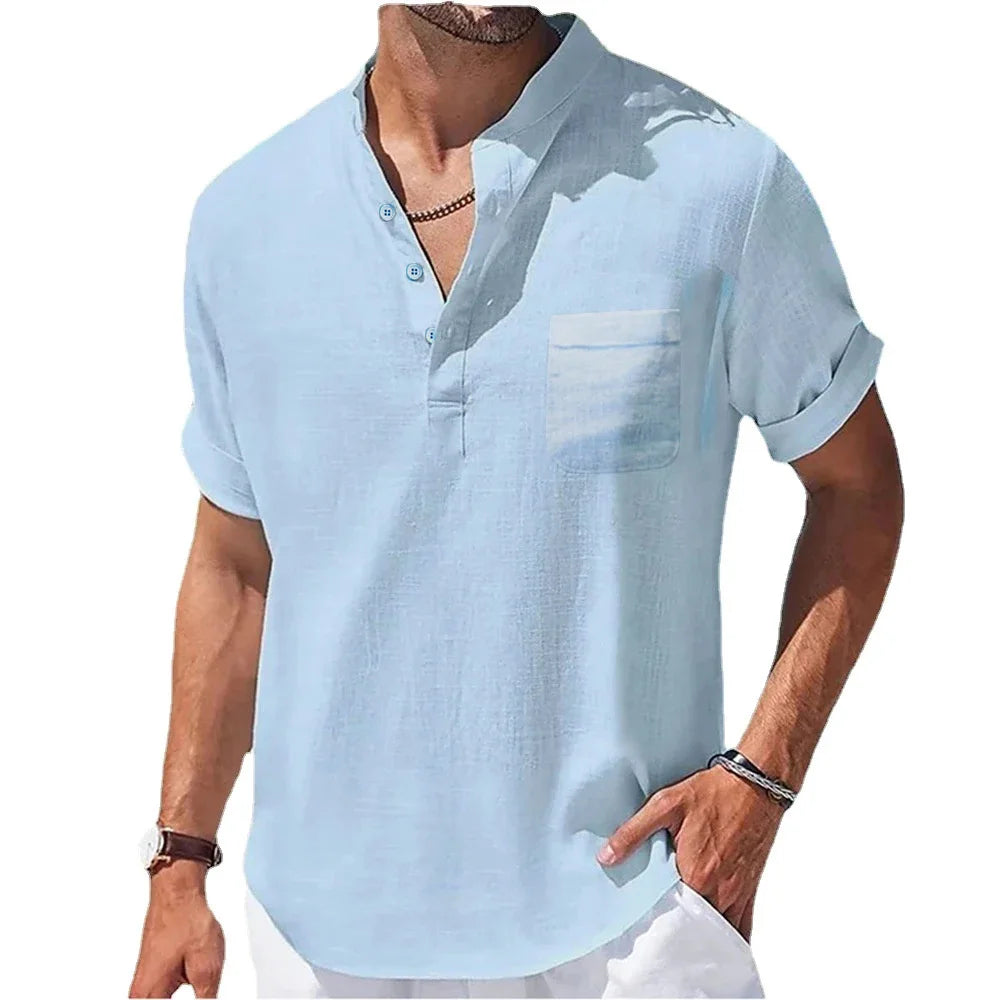 Novedad de verano, camisas de algodón y lino para hombre, camiseta de manga corta con cuello Henry, camisetas informales para hombre, camisa, ropa para hombre