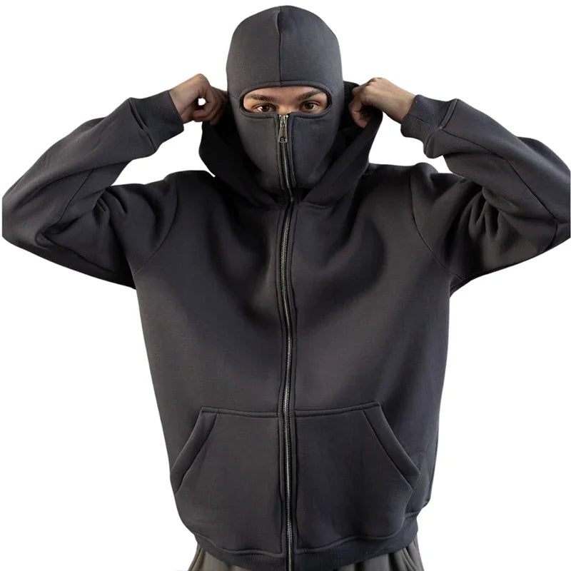 Sudaderas con capucha y cremallera de doble capucha personalizadas para hombre, sudaderas con estampado de personalidad de manga larga con cremallera, jerséis con máscara Ninja para mujer, chaqueta