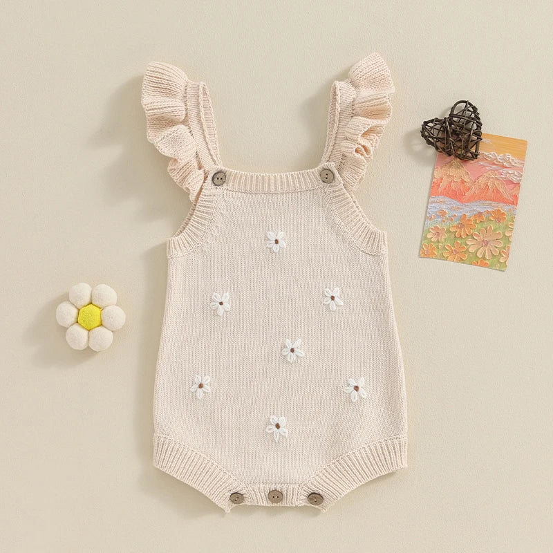 Baby Girl Floral-Embroidered Sleeveless Ruffle Romper