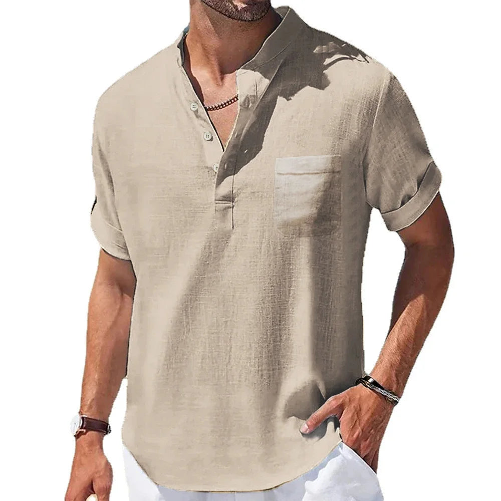 Novedad de verano, camisas de algodón y lino para hombre, camiseta de manga corta con cuello Henry, camisetas informales para hombre, camisa, ropa para hombre
