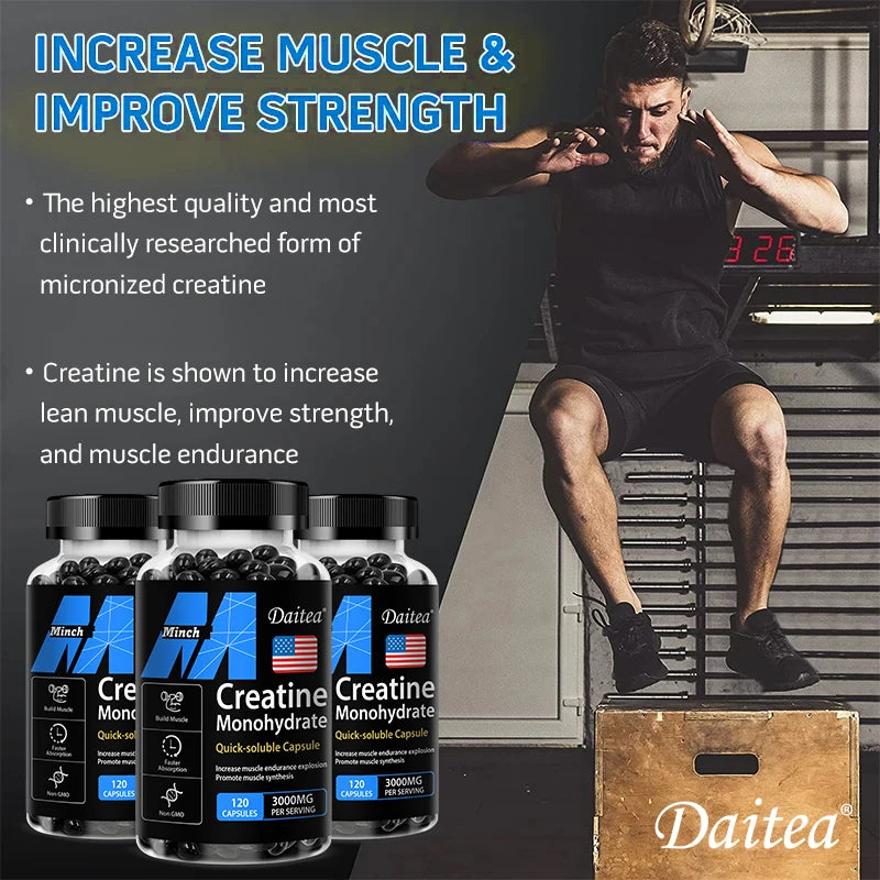 Monohidrato de creatina 3.000 mg: mejora la energía y la resistencia, aumenta la masa muscular y el rendimiento atlético, 120 cápsulas