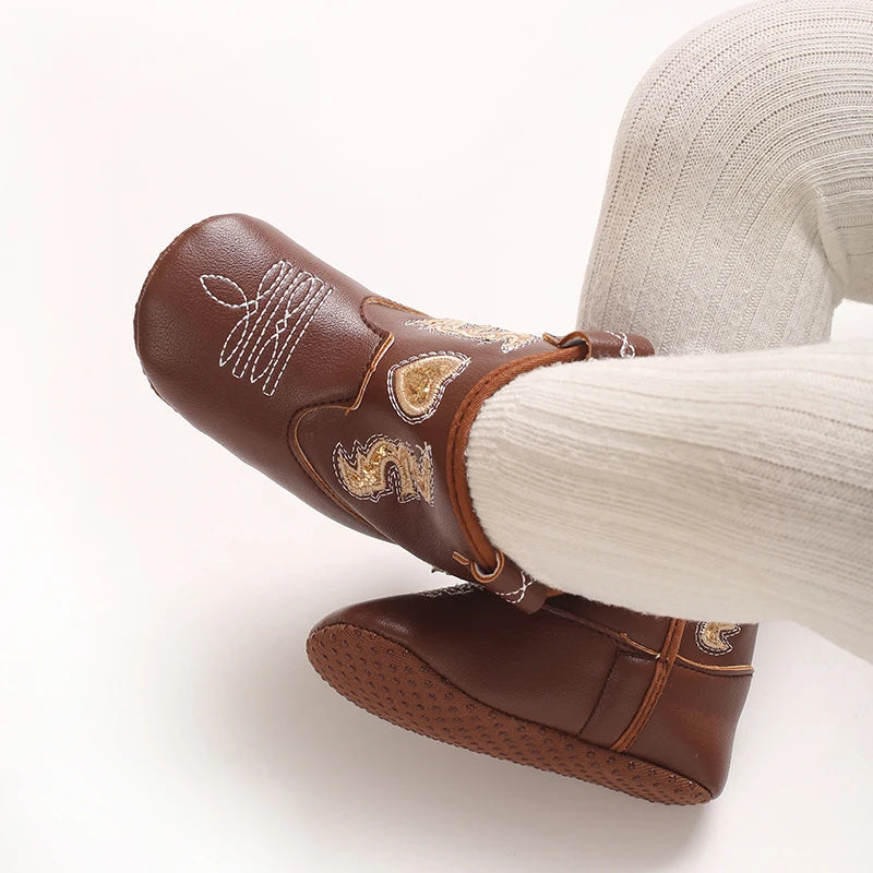 Baby Cowboy Boots Embroidery Soft Sole Baby Shoes Non‑Slip First Walkers Infant Toddler Booties Newborn Prewalker Shoes 0-18M