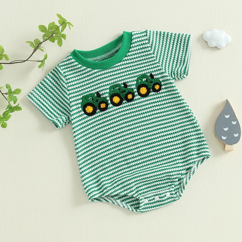 Baby Truck Embroidered Striped Short-Sleeve Romper