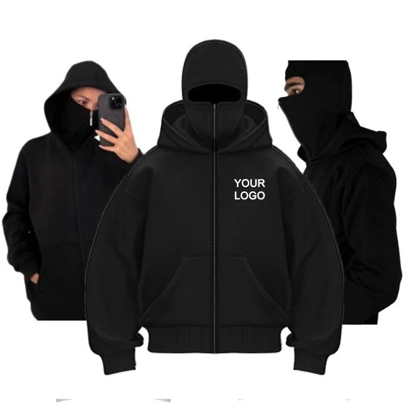 Sudaderas con capucha y cremallera de doble capucha personalizadas para hombre, sudaderas con estampado de personalidad de manga larga con cremallera, jerséis con máscara Ninja para mujer, chaqueta
