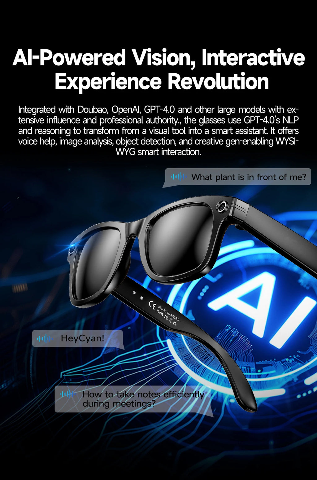 Gafas inteligentes HD grabación de vídeos reconocimiento de fotos AI traducción de respuesta 290mAh batería grande IP67 gafas Bluetooth impermeables