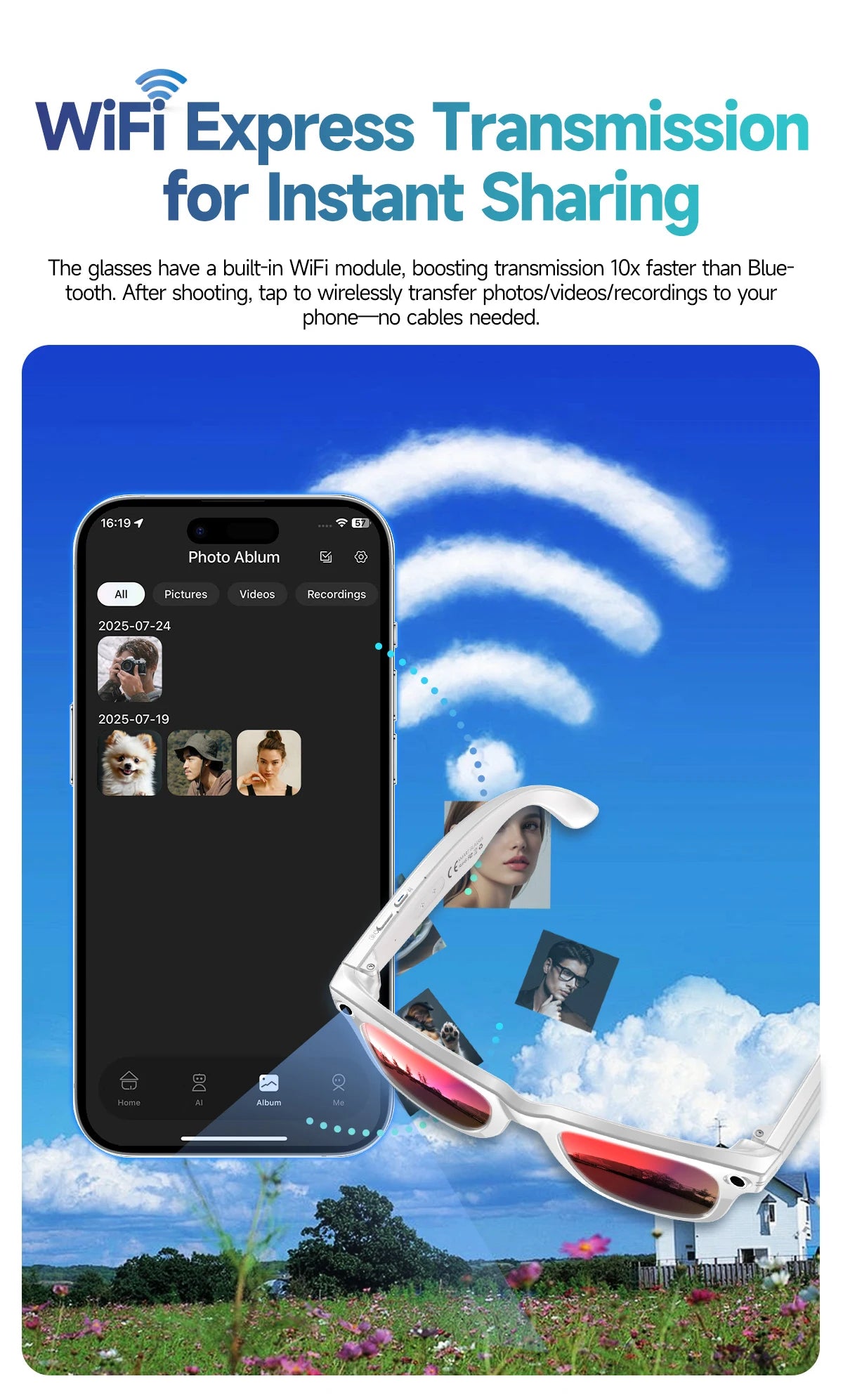 Gafas inteligentes HD grabación de vídeos reconocimiento de fotos AI traducción de respuesta 290mAh batería grande IP67 gafas Bluetooth impermeables