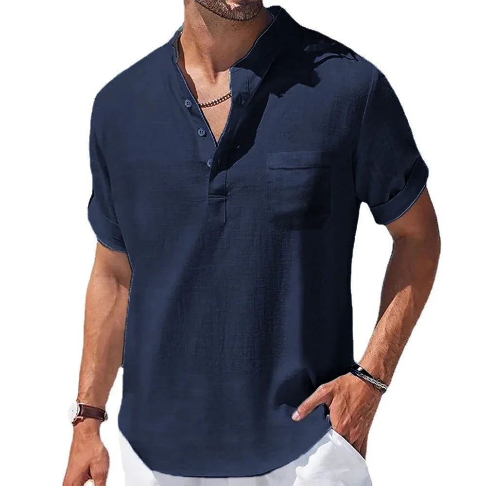 Novedad de verano, camisas de algodón y lino para hombre, camiseta de manga corta con cuello Henry, camisetas informales para hombre, camisa, ropa para hombre