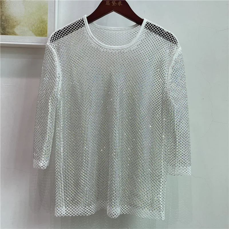 ColorShiny Diamonds-Camiseta básica de sílabas eléctricas para mujer, Top ajustado de cristal con cuello redondo, media manga, Sexy, para fiesta y Club