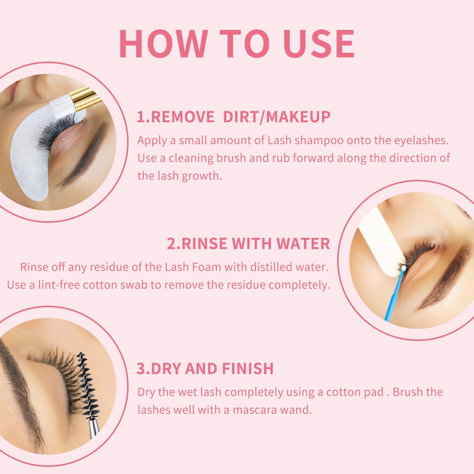 Champú de pestañas para pestañas 100ML + cepillo y varita de rímel limpieza espumosa de párpados, removedor de limpiador de extensiones, removedor de maquillaje