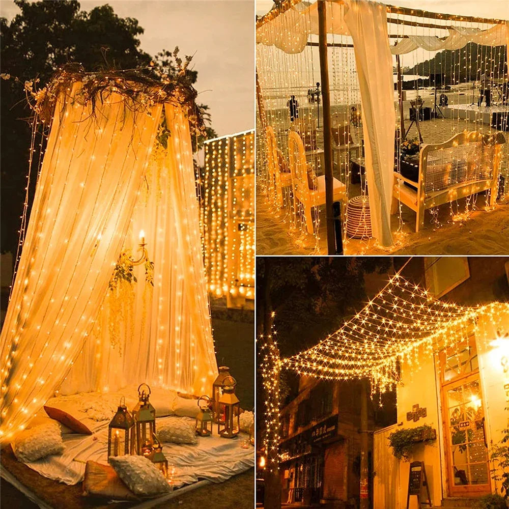 Cortina de luz Solar para exteriores, 3x3M, 300Leds, guirnalda de decoraciones navideñas, 8 modos, decoración para fiesta de Navidad y Halloween, cadena de luces