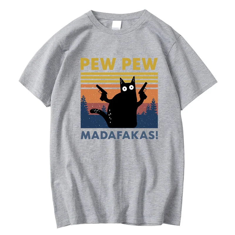 Camiseta Pew Pew Madafakas para hombre, camiseta de manga corta con diseño de gato divertido, camisetas holgadas de algodón, camiseta con cuello redondo, ropa de calle