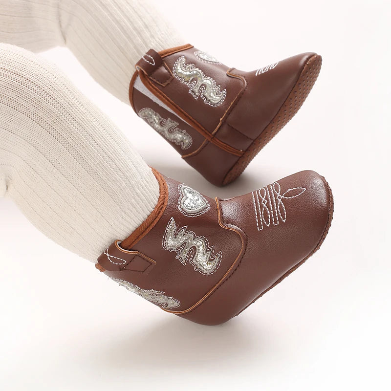 Baby Cowboy Boots Embroidery Soft Sole Baby Shoes Non‑Slip First Walkers Infant Toddler Booties Newborn Prewalker Shoes 0-18M
