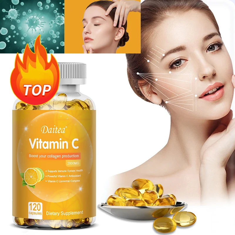 Cápsulas de vitamina C 2000 mg ricas en antioxidantes ayudan a la salud de la piel, las uñas y el cabello Sistema inmunológico y el suplemento de colágeno