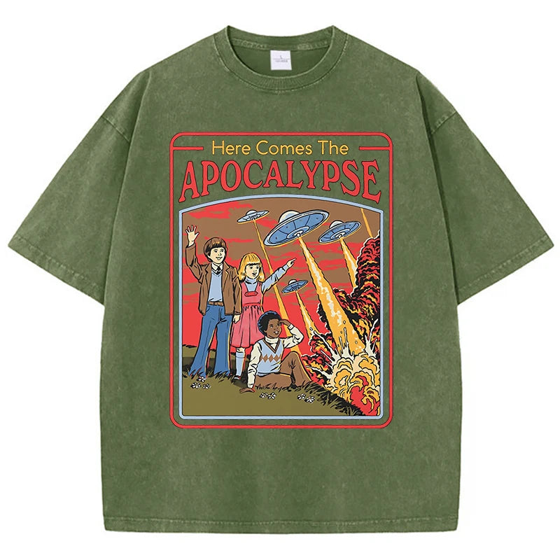 Aquí viene el Apocalipsis Ufo, ropa Retro lavada para hombre, ropa de calle de gran tamaño de calidad, Tops de algodón a la moda, camiseta holgada informal