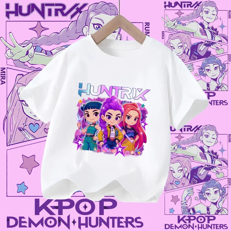 Children's KPOP Demon Hunters movie crewneck cartoon girls' and boys' T-shirt, casual print baby fashion clothing for summer