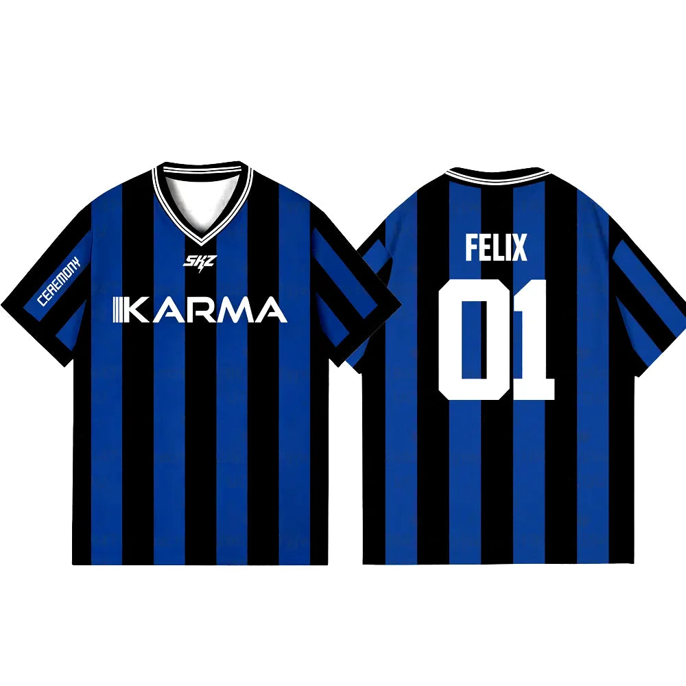 2025 KPOP Stay KARMA álbum Fans camisetas de apoyo FELIX BANGCHAN HYUNJIN ropa de calle ropa suelta camiseta camisetas de manga corta