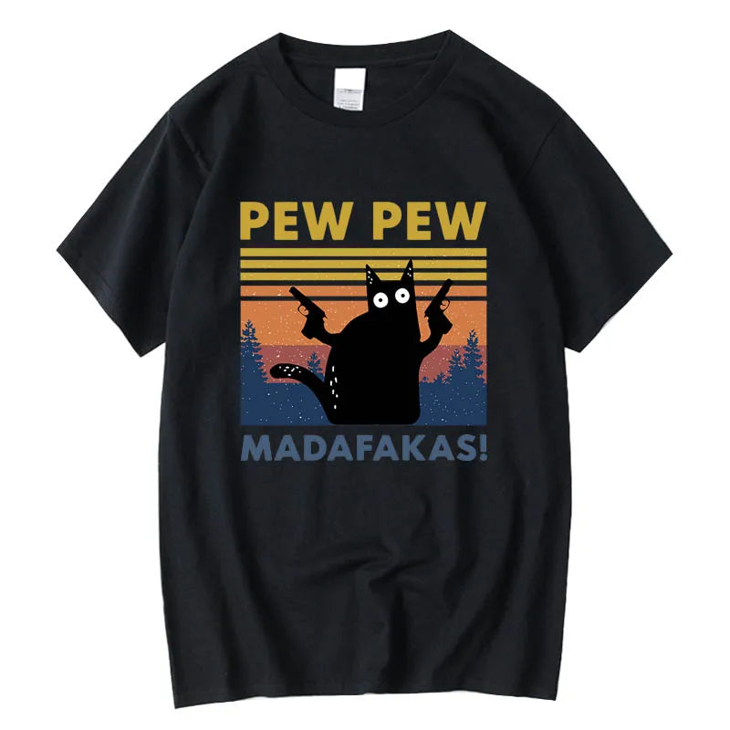 Camiseta Pew Pew Madafakas para hombre, camiseta de manga corta con diseño de gato divertido, camisetas holgadas de algodón, camiseta con cuello redondo, ropa de calle
