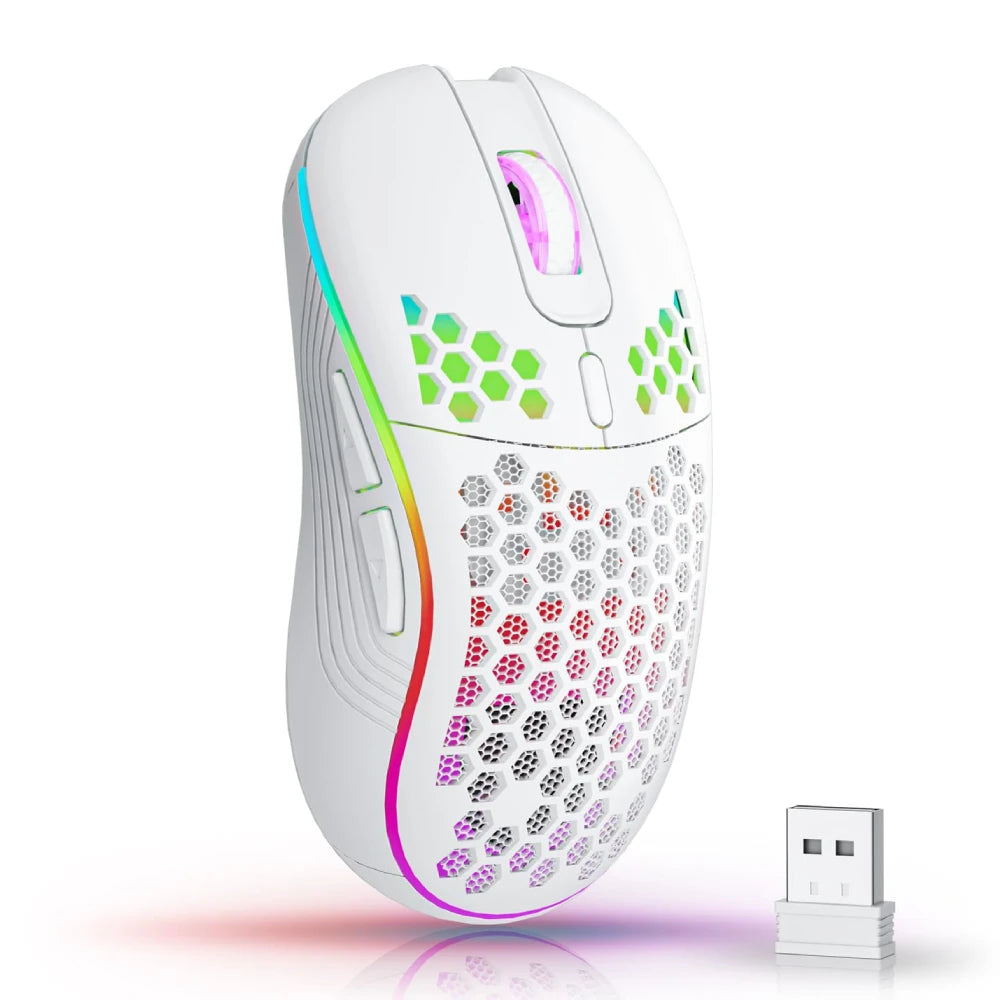 Ratón inalámbrico ligero con diseño de panal de abeja, Mouse recargable con retroiluminación RGB, receptor USB, DPI ajustable, 2,4G