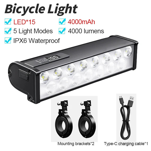 NEWBOLER-luz frontal para bicicleta, 4/15LED, 4000mAh, resistente al agua, linterna con carga USB, accesorios para lámpara de ciclismo de montaña y carretera