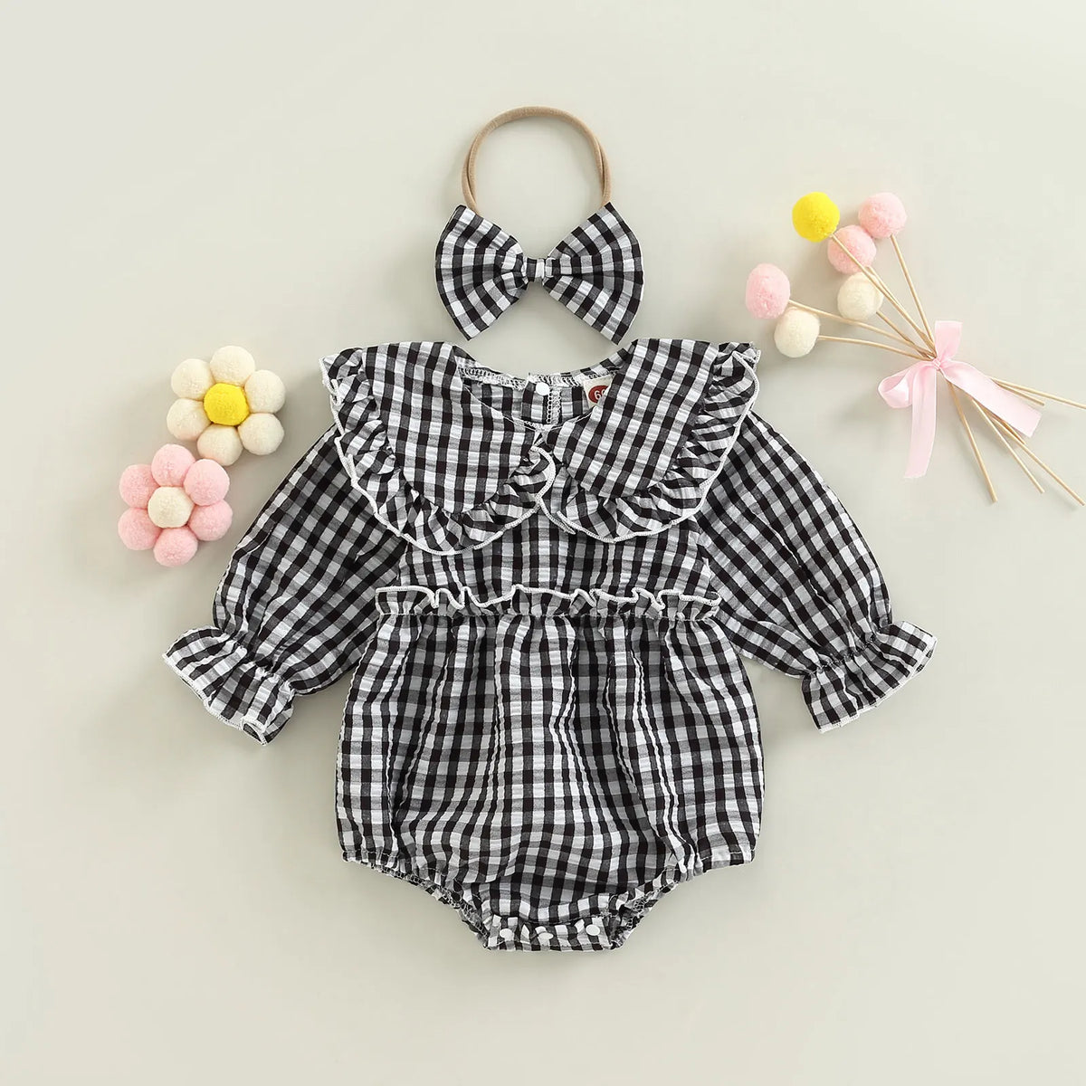 Baby Girl Plaid-Collar Long-Sleeve Romper & Headband
