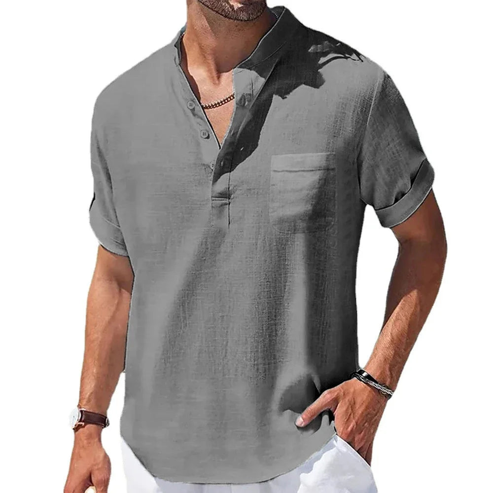 Novedad de verano, camisas de algodón y lino para hombre, camiseta de manga corta con cuello Henry, camisetas informales para hombre, camisa, ropa para hombre