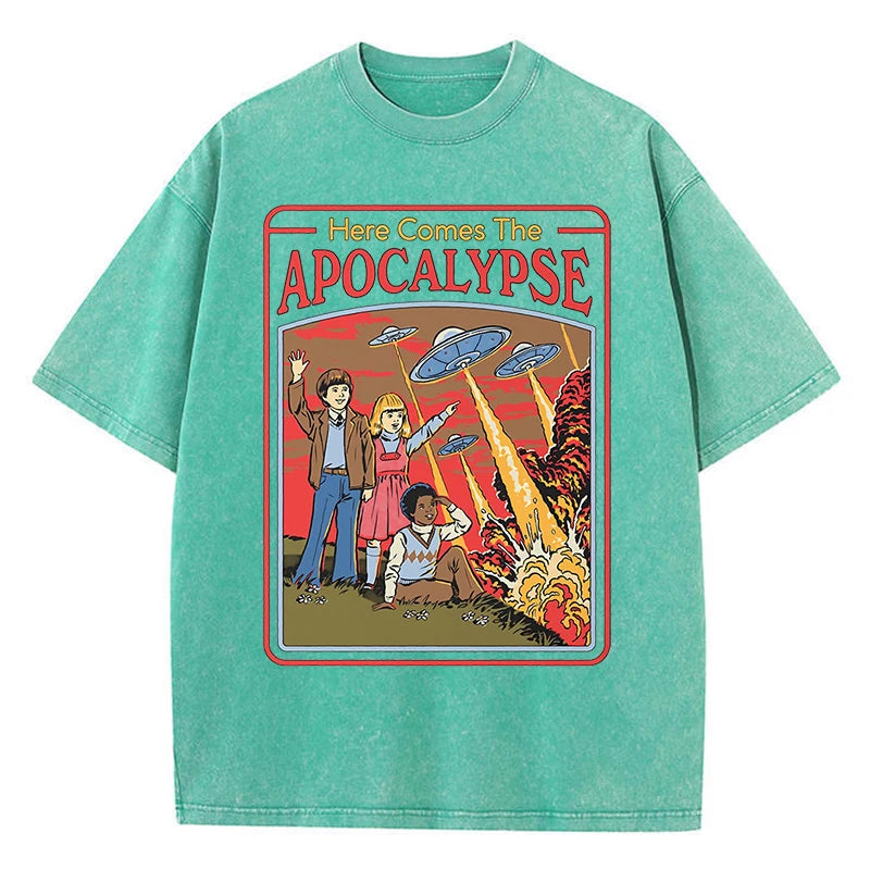 Aquí viene el Apocalipsis Ufo, ropa Retro lavada para hombre, ropa de calle de gran tamaño de calidad, Tops de algodón a la moda, camiseta holgada informal