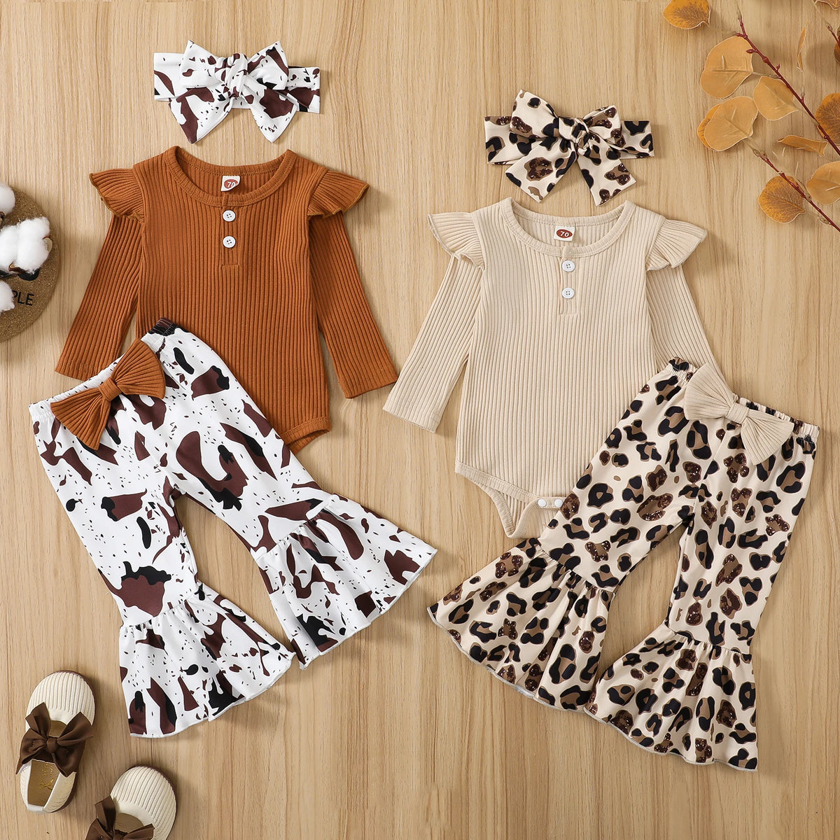 Baby Girl Ribbed Romper & Animal-Print Flare Pants Set