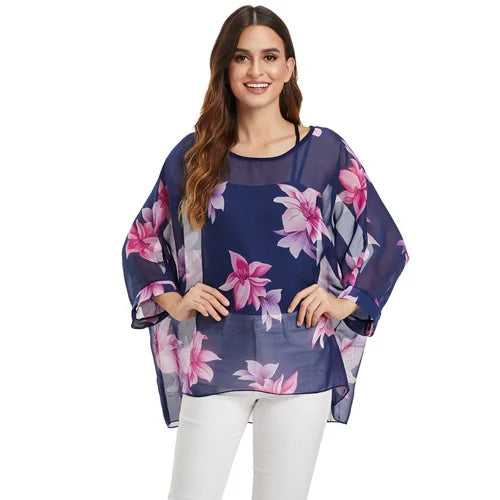 Novedad 2015 de mini vestidos casuales de gasa con estampado de flores para señoras, vestidos estilo bohemio con manga de murciélago en tallas grandes 4XL 5XL 6XL