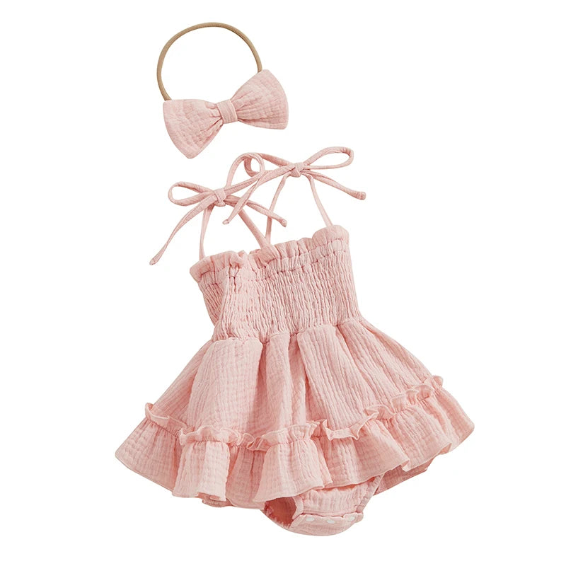 Baby Girl Sleeveless Tie-Strap Romper & Headband