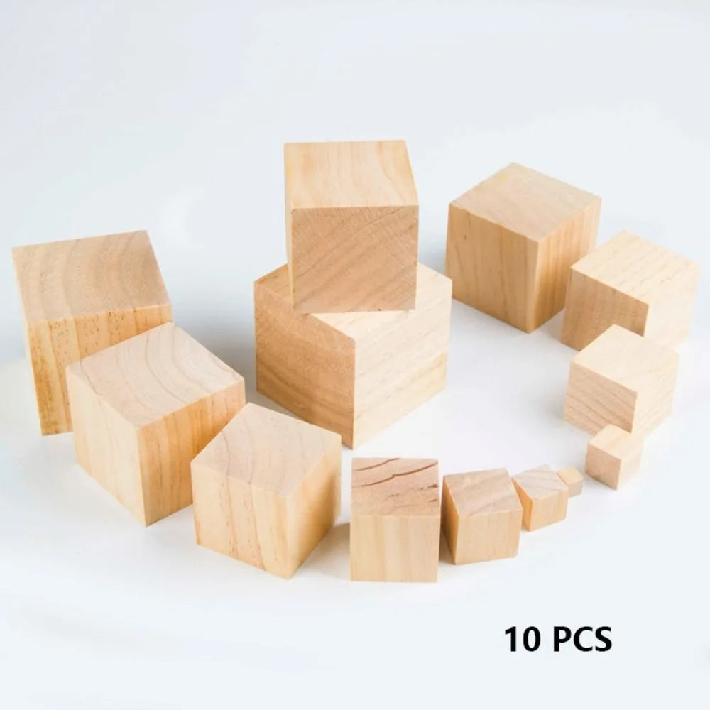10pc DIY Building Block Unfinished Blank Wooden Natural Wooden Cube Kids Toy Square Block Woodwork Craft Puzzle Making Material