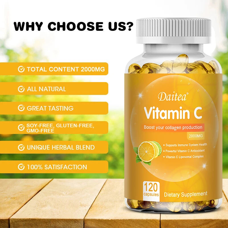 Cápsulas de vitamina C 2000 mg ricas en antioxidantes ayudan a la salud de la piel, las uñas y el cabello Sistema inmunológico y el suplemento de colágeno