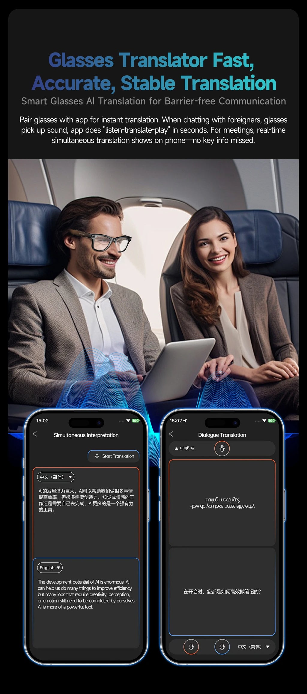 Gafas inteligentes HD grabación de vídeos reconocimiento de fotos AI traducción de respuesta 290mAh batería grande IP67 gafas Bluetooth impermeables
