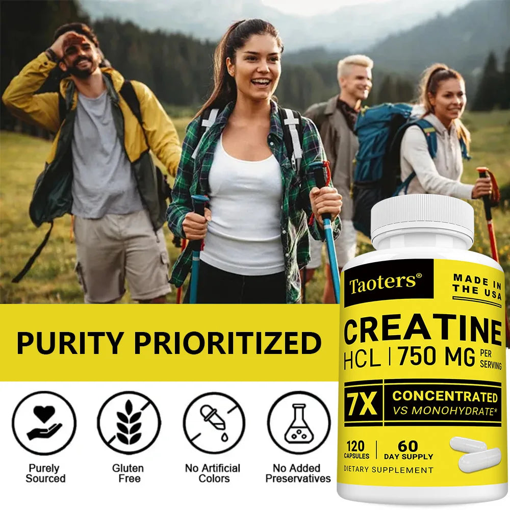 Cápsulas de creatina HCL-750 mg, soporte de energía muscular, cognitiva y celular, aumenta la energía, la resistencia y mejora el rendimiento atlético