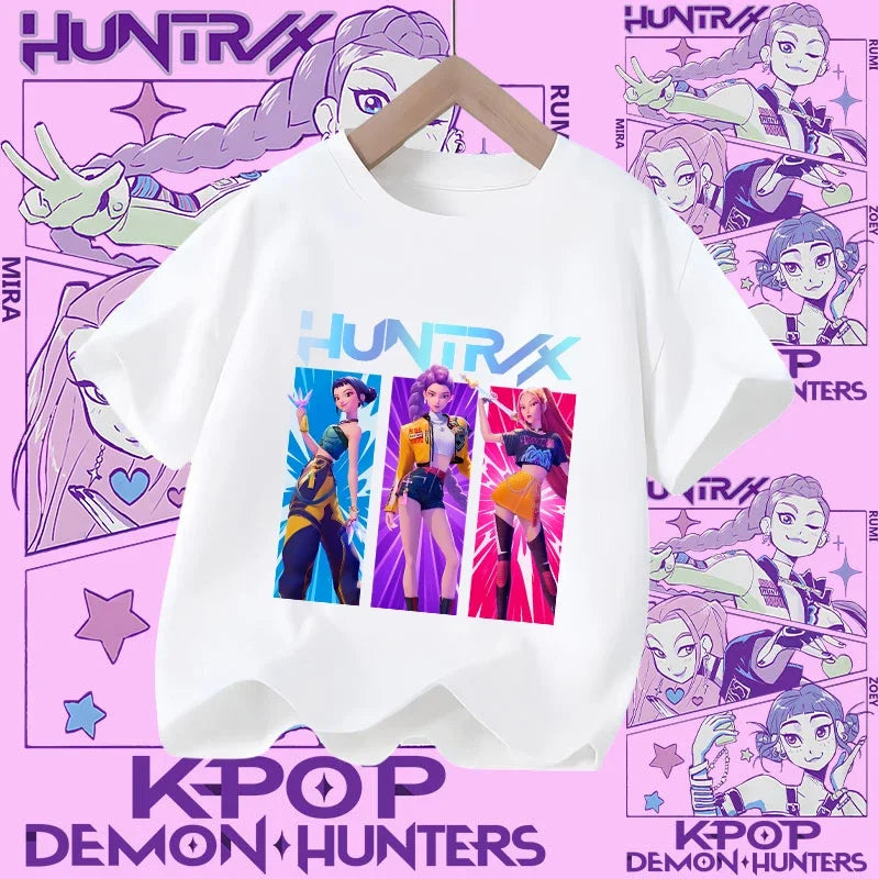 Children's KPOP Demon Hunters movie crewneck cartoon girls' and boys' T-shirt, casual print baby fashion clothing for summer