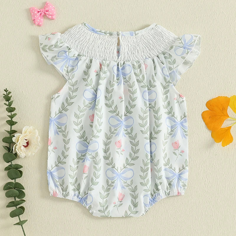 Baby Girl Floral Ruffle-Sleeve Romper with Bow