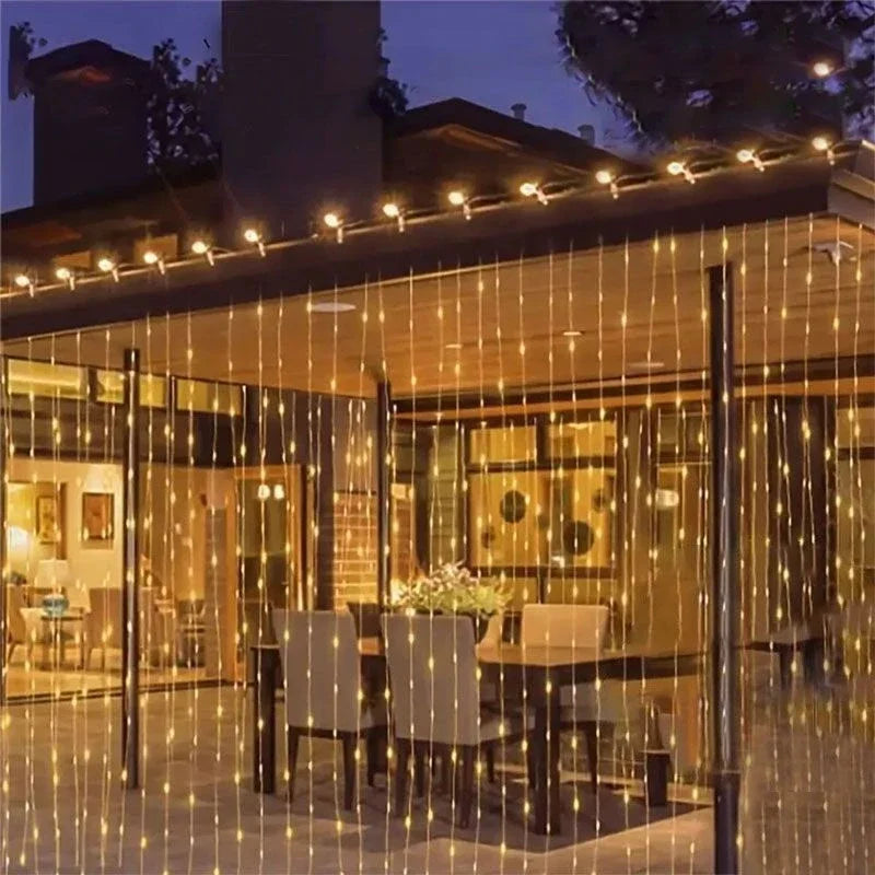 Cortina de luz Solar para exteriores, 3x3M, 300Leds, guirnalda de decoraciones navideñas, 8 modos, decoración para fiesta de Navidad y Halloween, cadena de luces