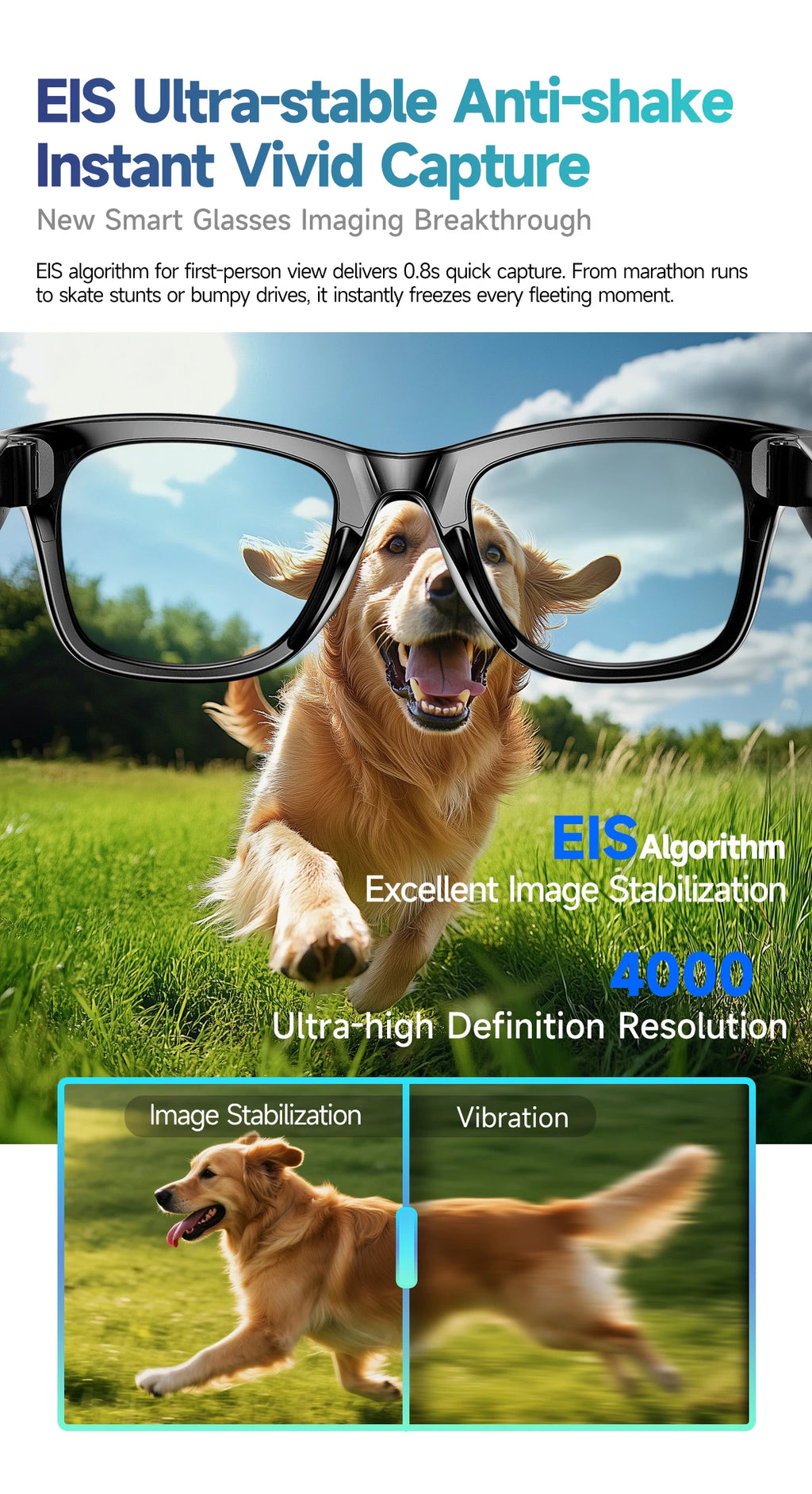 Gafas inteligentes HD grabación de vídeos reconocimiento de fotos AI traducción de respuesta 290mAh batería grande IP67 gafas Bluetooth impermeables